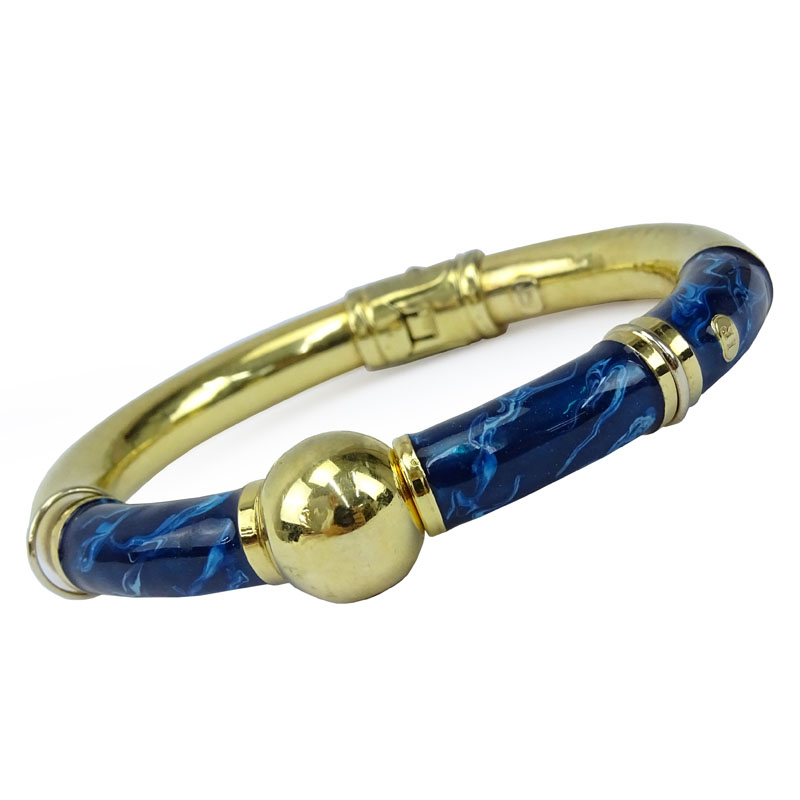 Vintage 18 Karat Yellow Gold and Blue Enamel Hinged Cuff Bangle Bracelet.