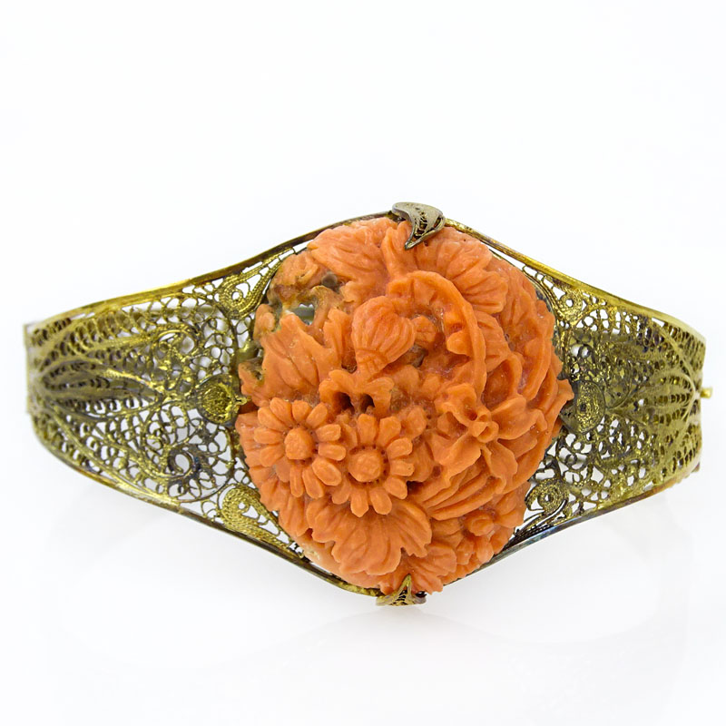 Antique Carved Red Coral and Silver Filigree Bangle Bracelet.