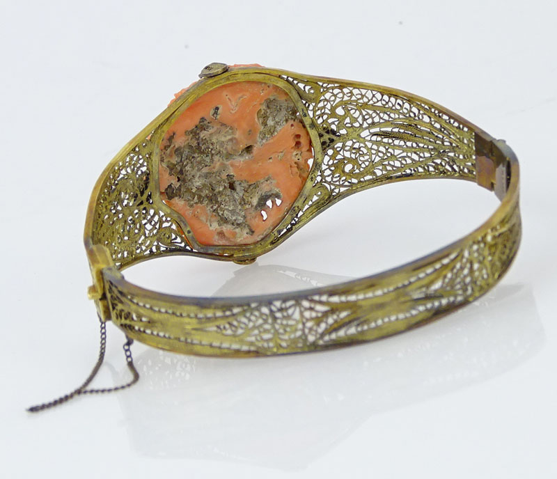 Antique Carved Red Coral and Silver Filigree Bangle Bracelet.