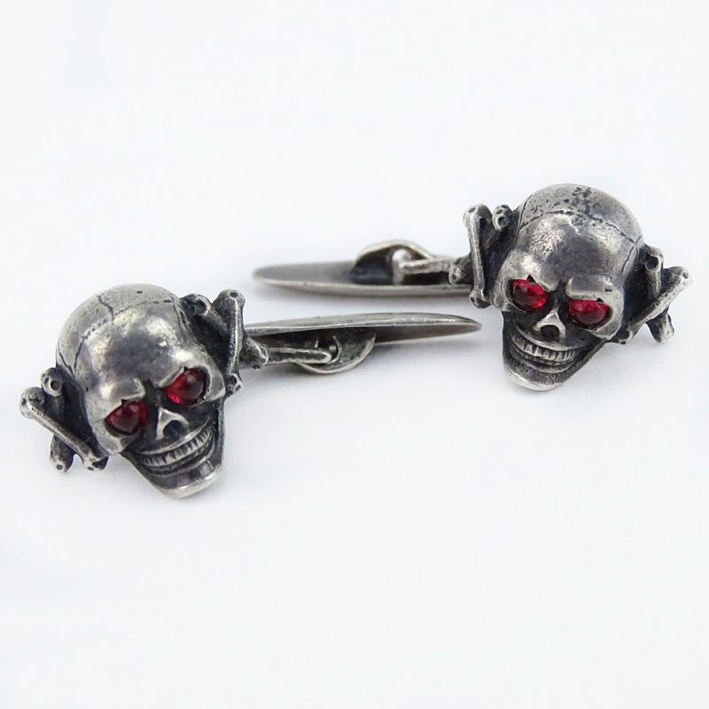 Antique Faberge 84 Silver and Enamel Figural Skull Cufflinks with Ruby Eyes and with Faberge Fitted Box.