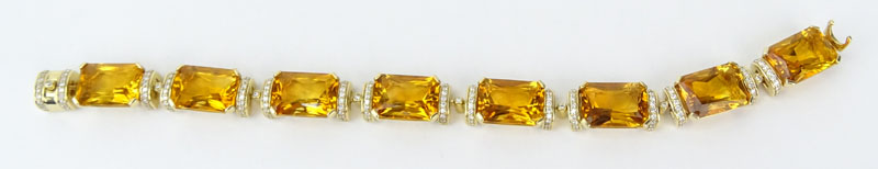 Fine Quality Eight (8) Golden Topaz, Diamond and 14 Karat Yellow Gold Bracelet. 