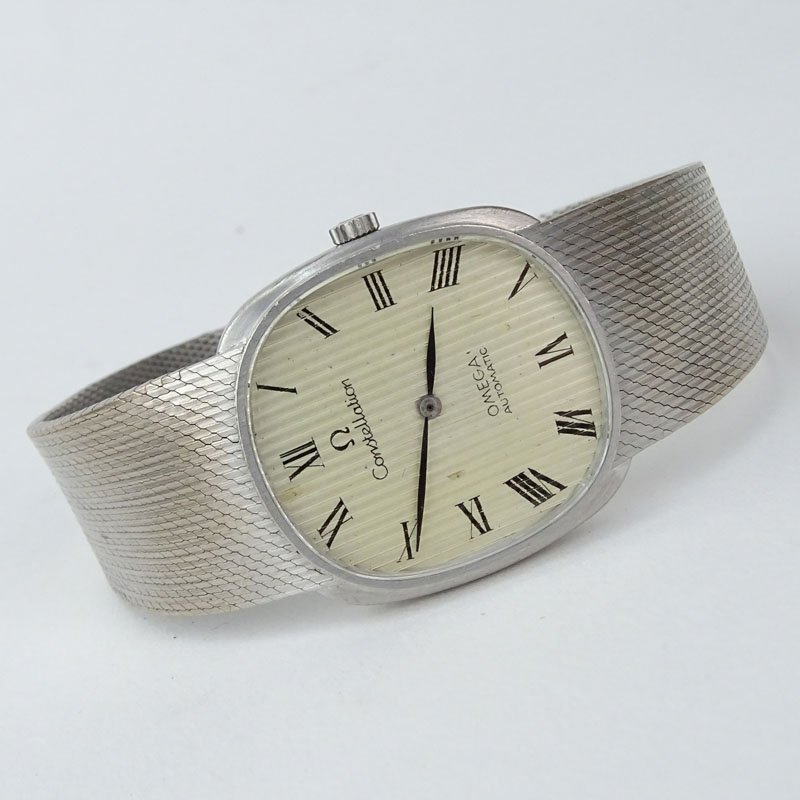 Man's Vintage Omega 18 Karat White Gold Constellation Automatic Movement Bracelet Watch.