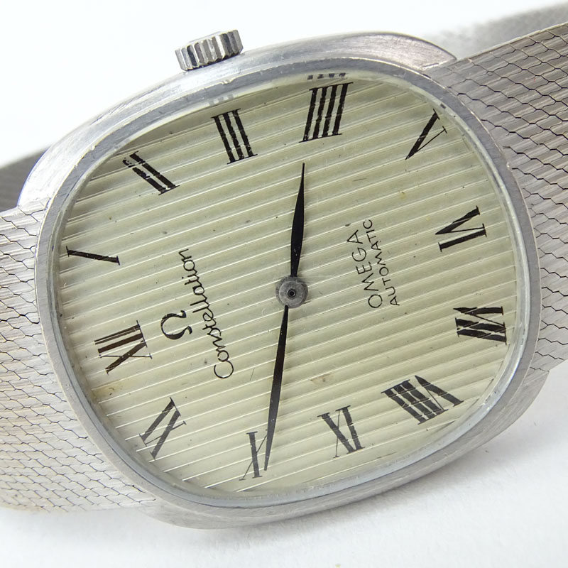 Man's Vintage Omega 18 Karat White Gold Constellation Automatic Movement Bracelet Watch.