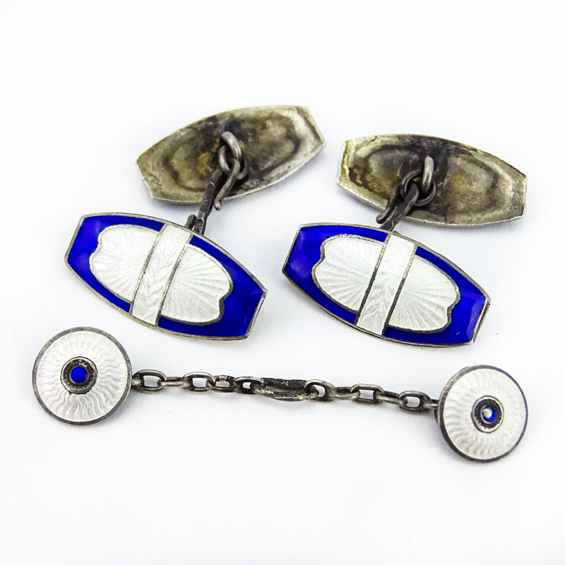 Antique Faberge 84 Silver and Guilloche Enamel Dress Shirt Set with Faberge Fitted Box.