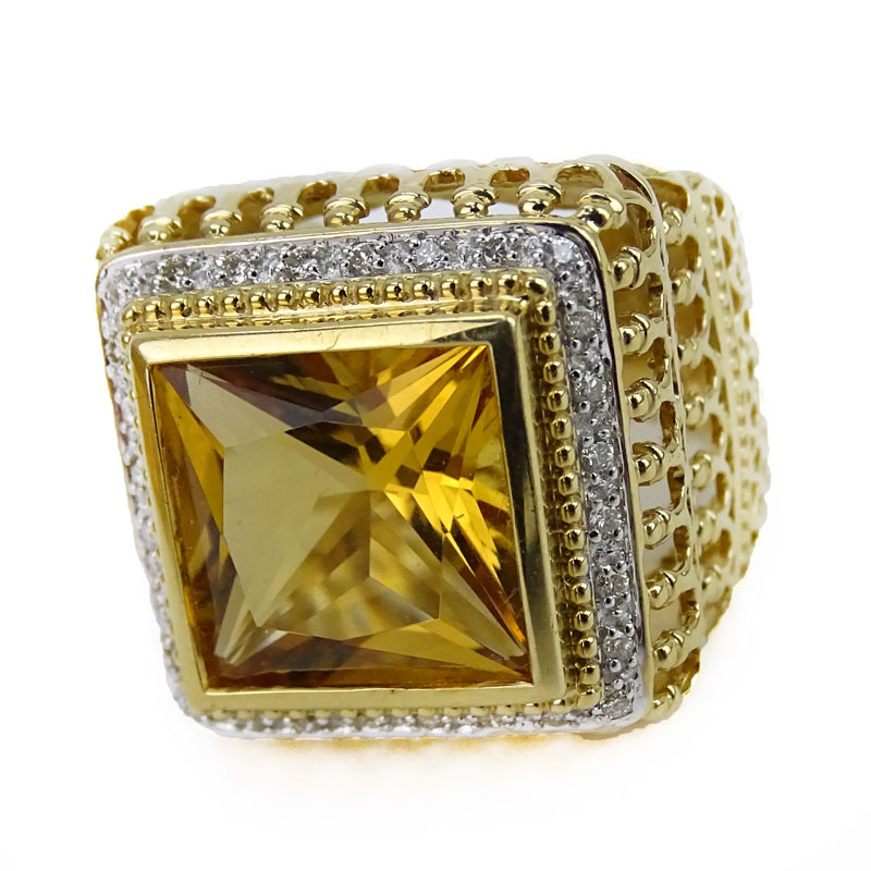 Vintage Square Cut Citrine, Diamond and 14 Karat Yellow Gold Bracelet and Ring Suite. 