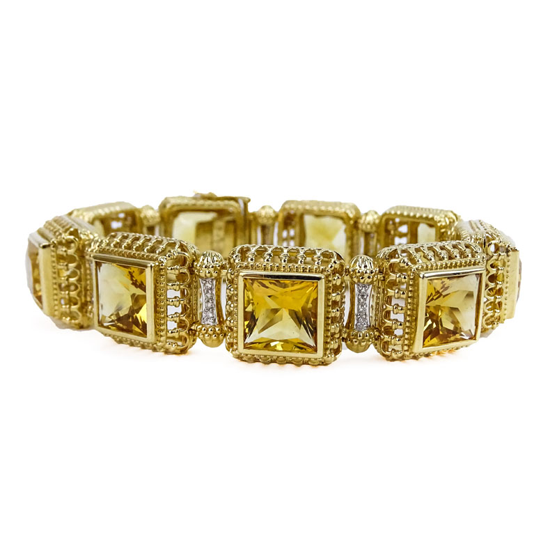 Vintage Square Cut Citrine, Diamond and 14 Karat Yellow Gold Bracelet and Ring Suite. 