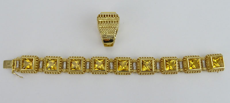 Vintage Square Cut Citrine, Diamond and 14 Karat Yellow Gold Bracelet and Ring Suite. 