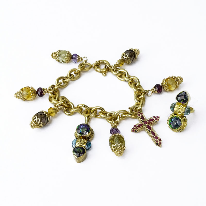 Vintage 14 Karat and 18 Karat Yellow Gold and Multi Gemstone Charm Bracelet and Ring Suite.