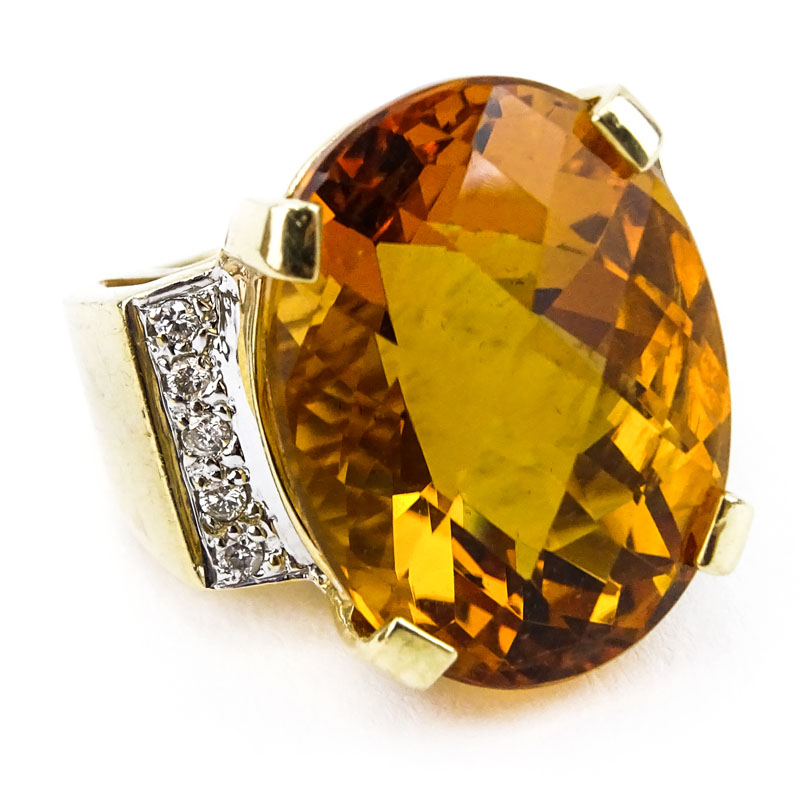 Large Oval Criss Cross Cut Citrine, Diamond and 14 Carat Yellow Gold Ring. 