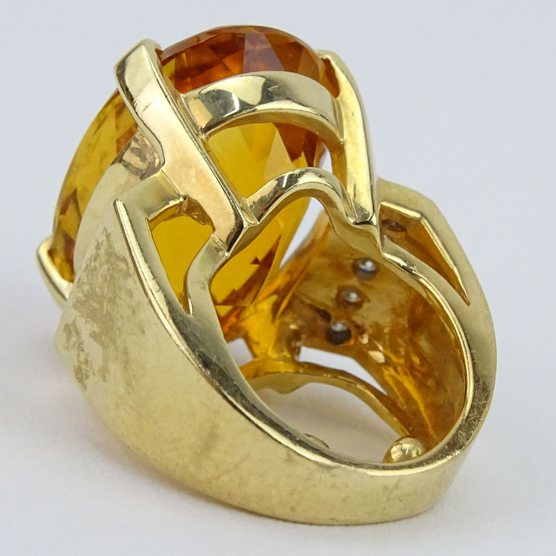 Large Oval Criss Cross Cut Citrine, Diamond and 14 Carat Yellow Gold Ring. 