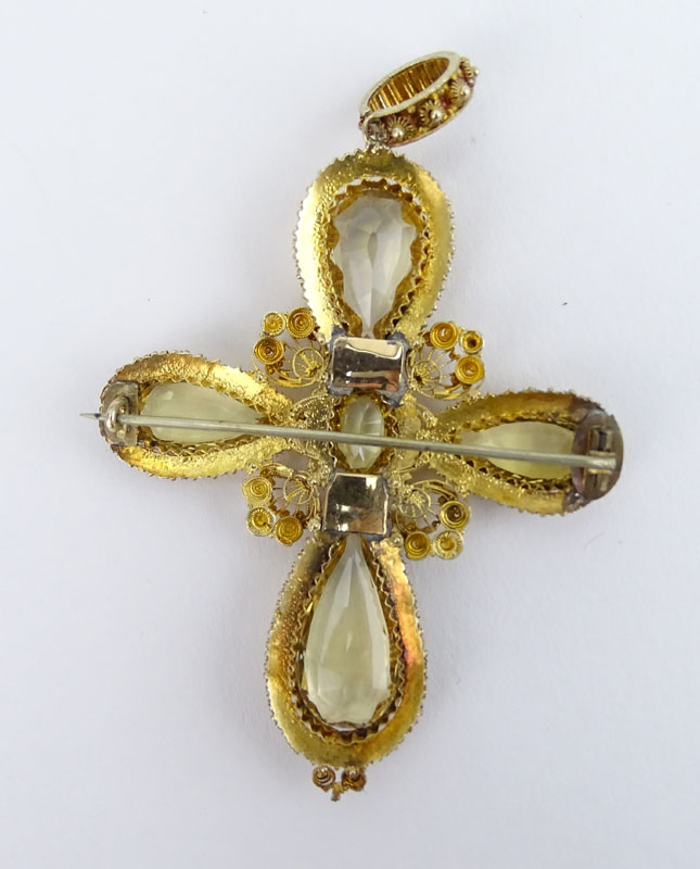 Antique Delicate 18 Karat Yellow Gold Filigree and Pear Shape Citrine Cross Pendant / Brooch.