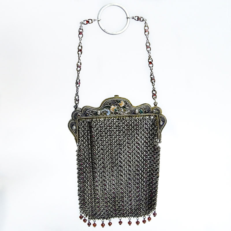 Antique Faberge 84 Silver Mesh and Enamel Lady's Evening Bag accented throughout with Rubies and small Pearls Stamped ??, 84 silver mark, H.W. (Henrik Wigstr�m). 