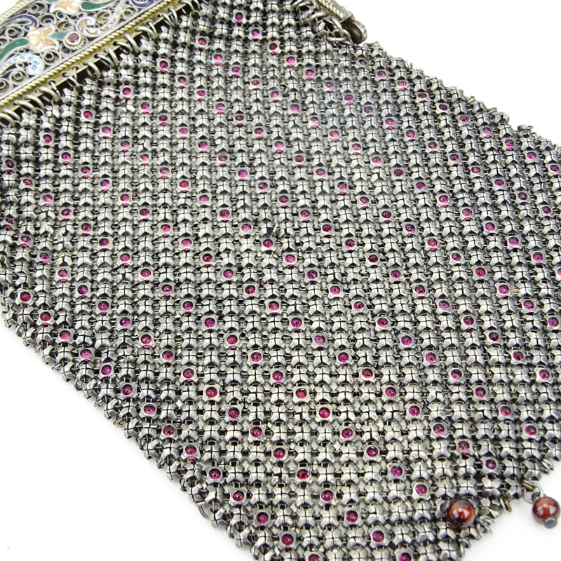 Antique Faberge 84 Silver Mesh and Enamel Lady's Evening Bag accented throughout with Rubies and small Pearls Stamped ??, 84 silver mark, H.W. (Henrik Wigstr�m). 