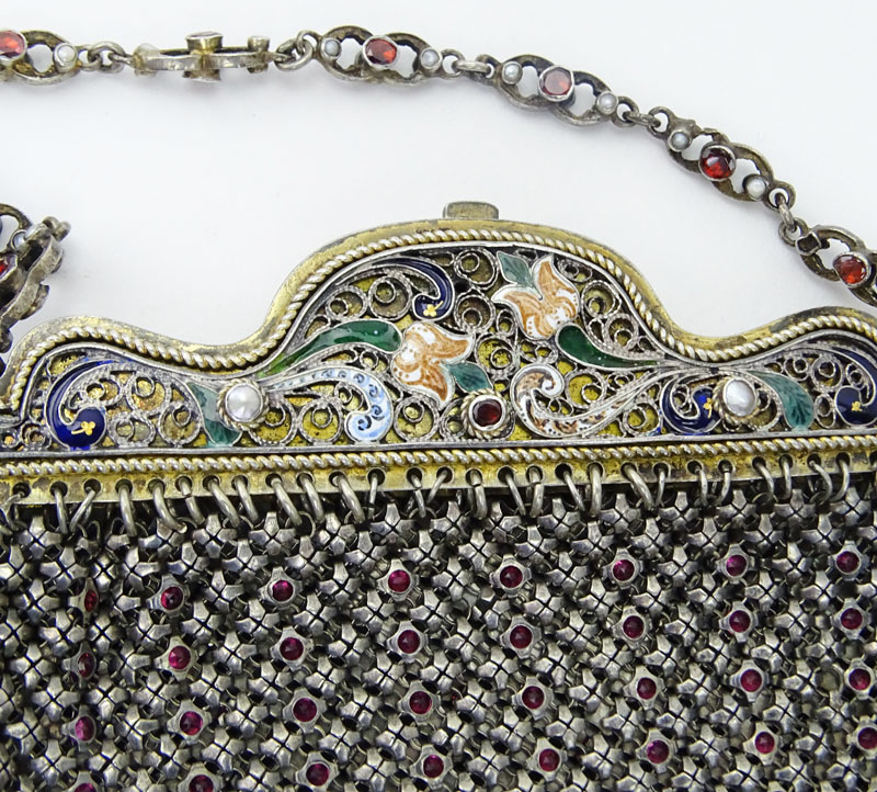 Antique Faberge 84 Silver Mesh and Enamel Lady's Evening Bag accented throughout with Rubies and small Pearls Stamped ??, 84 silver mark, H.W. (Henrik Wigstr�m). 