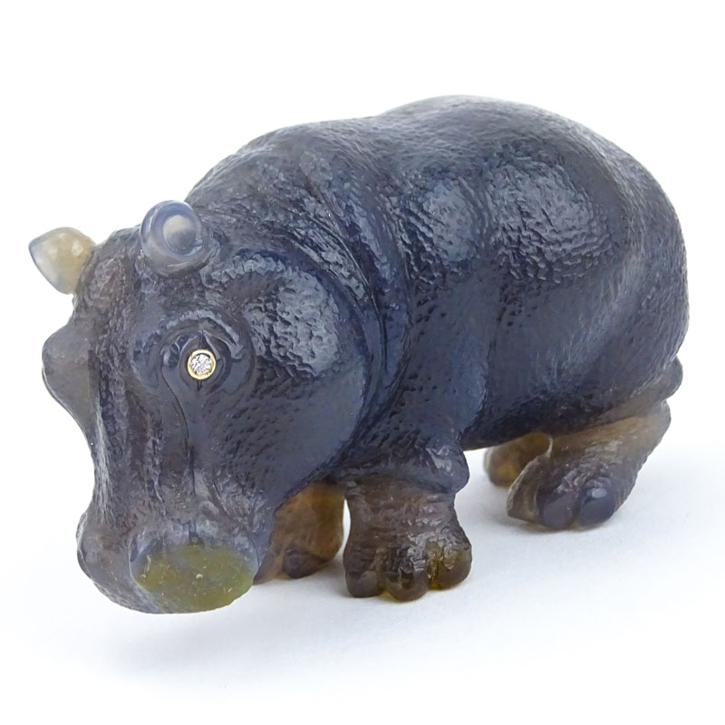 Antique Faberge Carved Agate Figural Hippopotamus with Old European Cut Diamond Eyes.