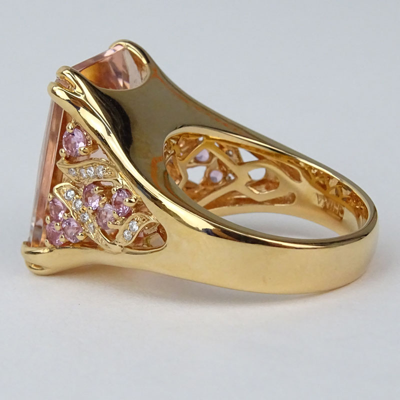 Large Cushion Cut Morganite, Pink Sapphire, Diamond and 18 Karat Yellow Gold Ring. Morganite measures 18mm x 13mm. 