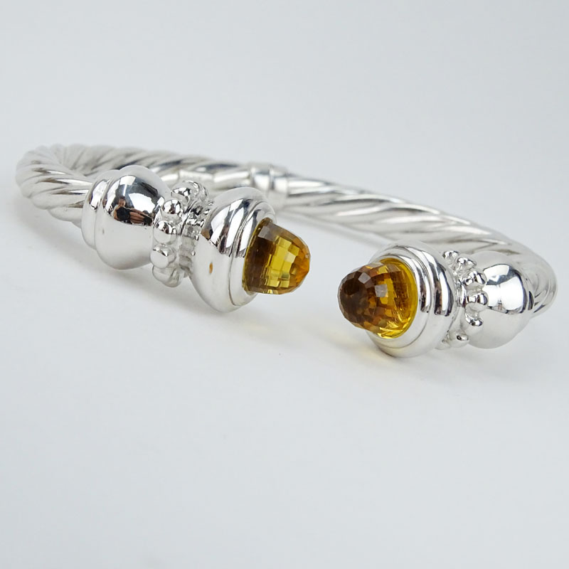 Vintage David Yurman Style 14 Karat White Gold and Citrine Single Cable Hinged Cuff Bangle.