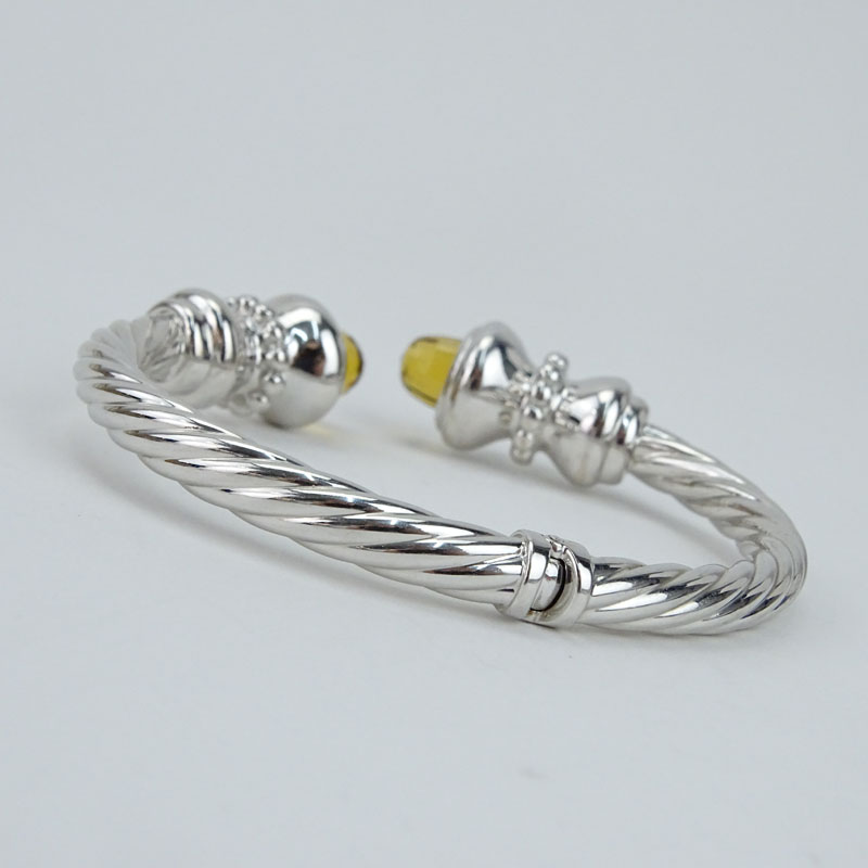 Vintage David Yurman Style 14 Karat White Gold and Citrine Single Cable Hinged Cuff Bangle.