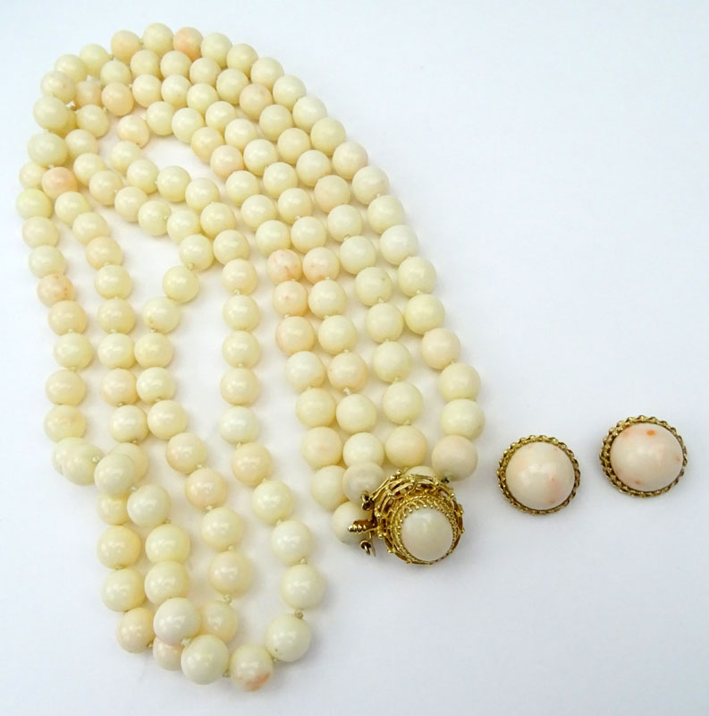 Vintage Angelskin Coral and 14 Karat Yellow Gold Double Strand Necklace and Earring Suite.