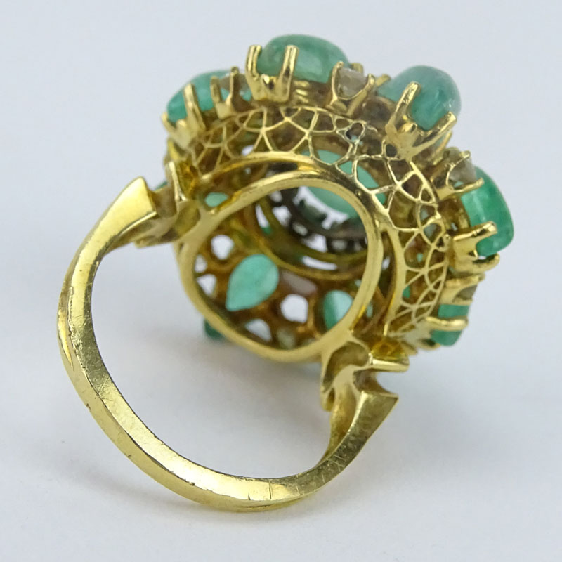 Vintage Approx. 8.0 Carat Cabochon Emerald, Round Brilliant Cut Diamond and 18 Karat Yellow Gold Ring. 