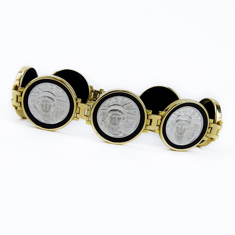 Vintage 14 Karat Yellow Gold, 2001 Platinum Liberty Coin and Onyx Bezel Link Bracelet. 