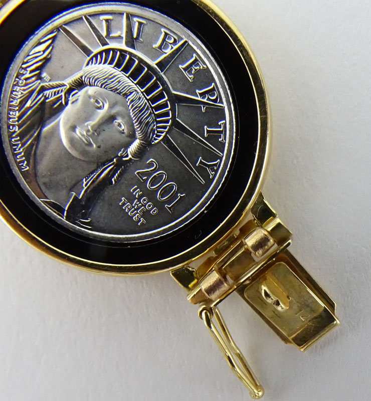 Vintage 14 Karat Yellow Gold, 2001 Platinum Liberty Coin and Onyx Bezel Link Bracelet. 