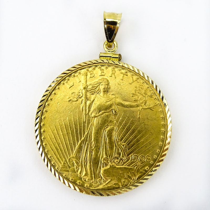 1908 U.S. Walking Liberty $20 Gold Coin in 14 Karat Yellow Gold Pendant.