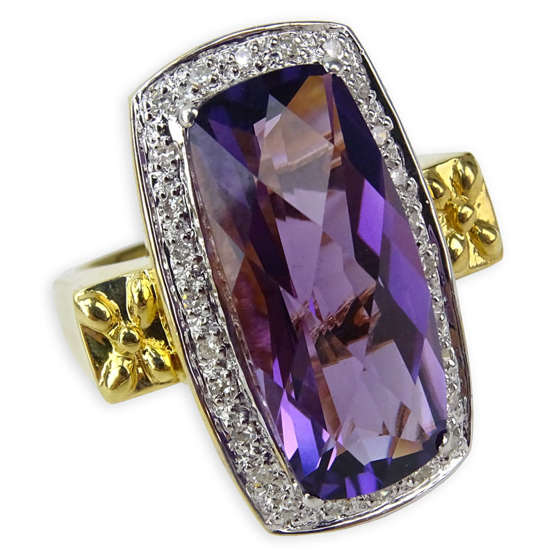 Rectangular Criss Cross Cut Amethyst, Diamond and 14 Karat Yellow Gold Ring. 