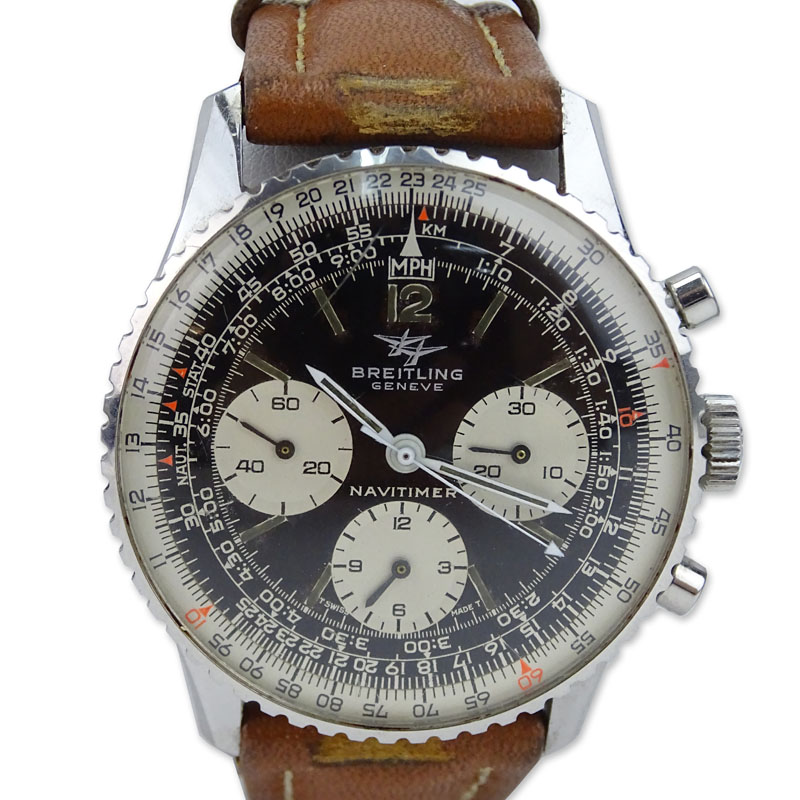 Breitling Navitimer 806 Stainless Steel Automatic Chronometer Watch with Leather Strap.