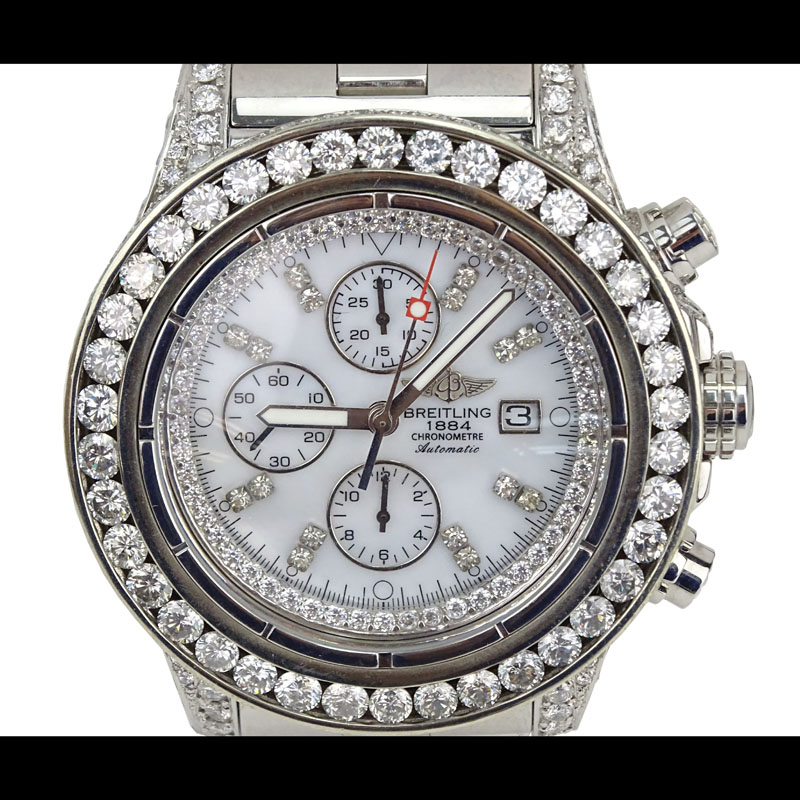 Man's Breitling Approx. 17.60 Carat Round Brilliant Cut Diamond and Stainless Steel Chronometre Automatic Bracelet Watch with Mother of Pearl Dial.