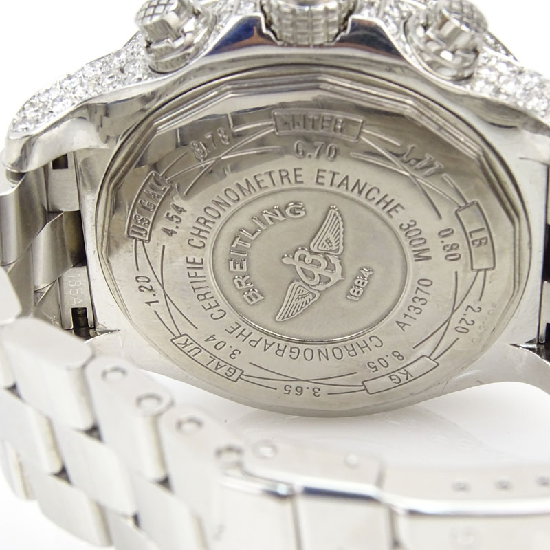 Man's Breitling Approx. 17.60 Carat Round Brilliant Cut Diamond and Stainless Steel Chronometre Automatic Bracelet Watch with Mother of Pearl Dial.