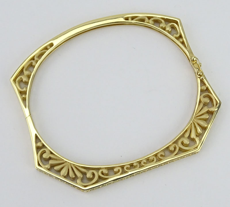 Fine 14 Karat Yellow Gold, Round Cut Fancy Yellow Diamond Openwork Hinged Cuff Bracelet. 