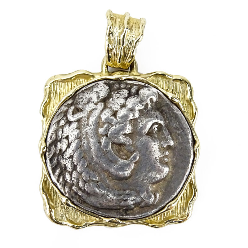 Roman Empire: Tetradrachm  of Alexander the Great ( 336-323 B.C. ) Silver Coin in 18 Karat Yellow Gold Pendent.