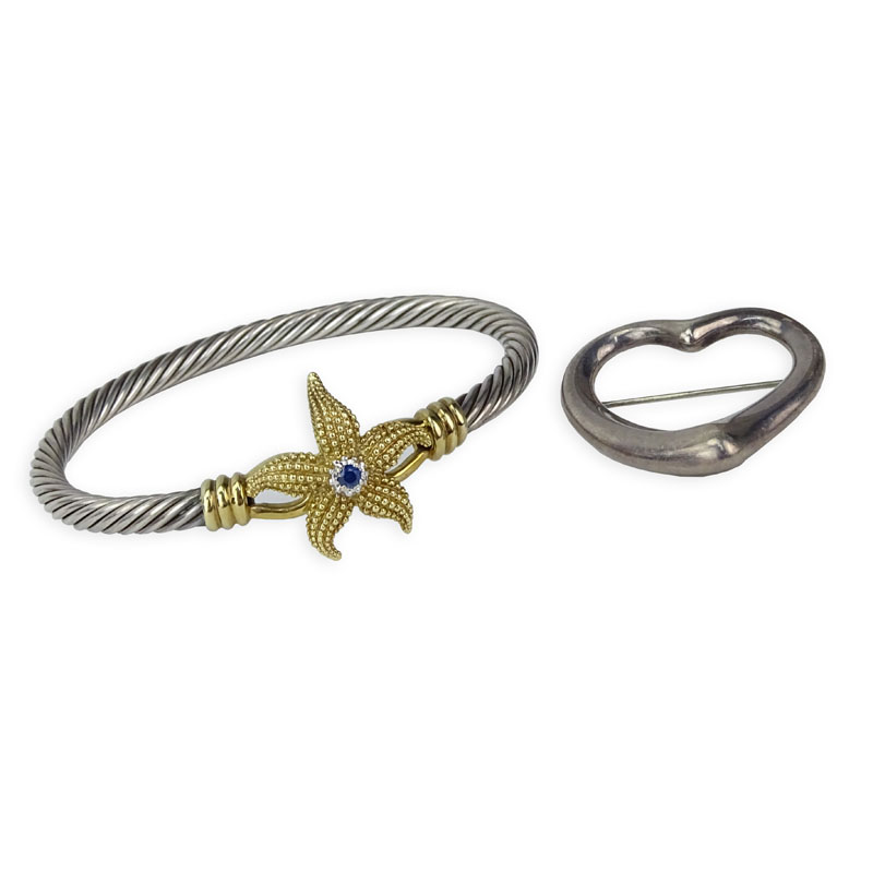 Tiffany & Co. Sterling Silver Heart Pin and Silver and Gold Starfish Bangle.