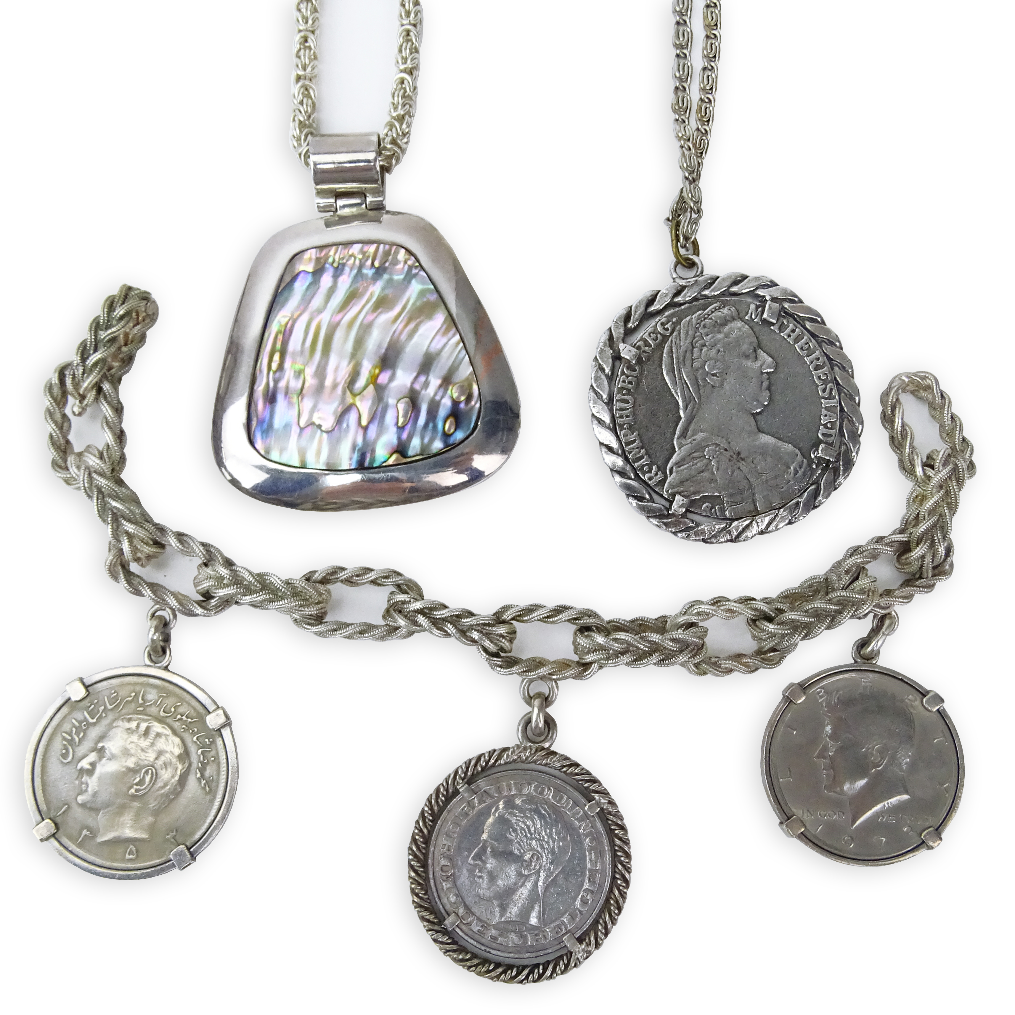 Vintage Abalone and 950 Silver Necklace, Coin Necklace and Coin Bracelet. 