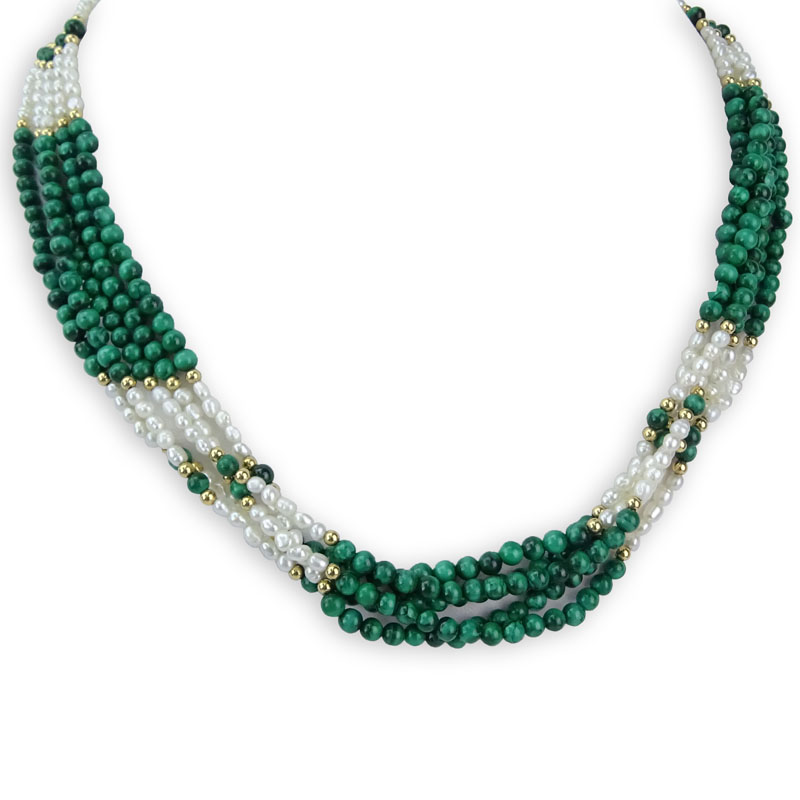 14 Karat Yellow Gold, Malachite, Seed pearl Necklace. 