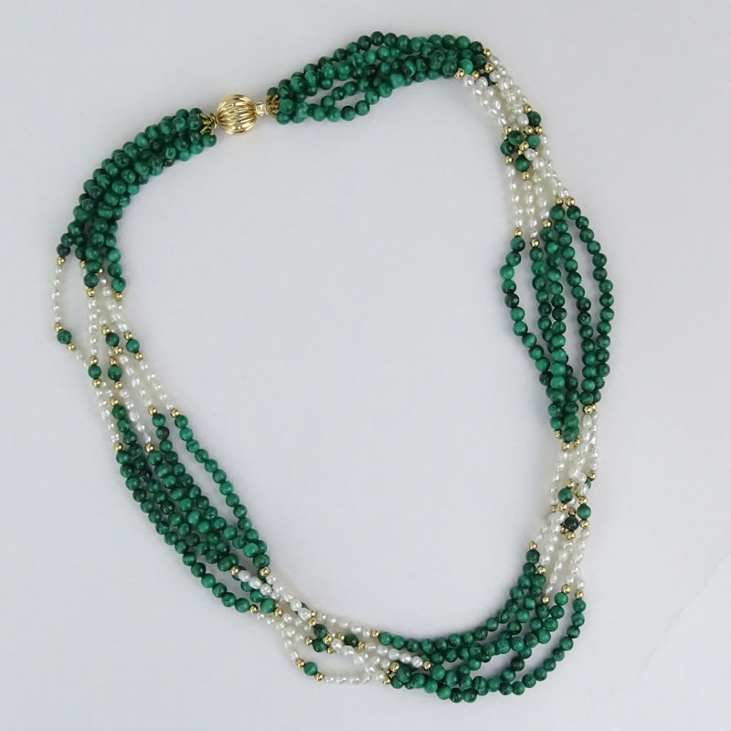 14 Karat Yellow Gold, Malachite, Seed pearl Necklace. 