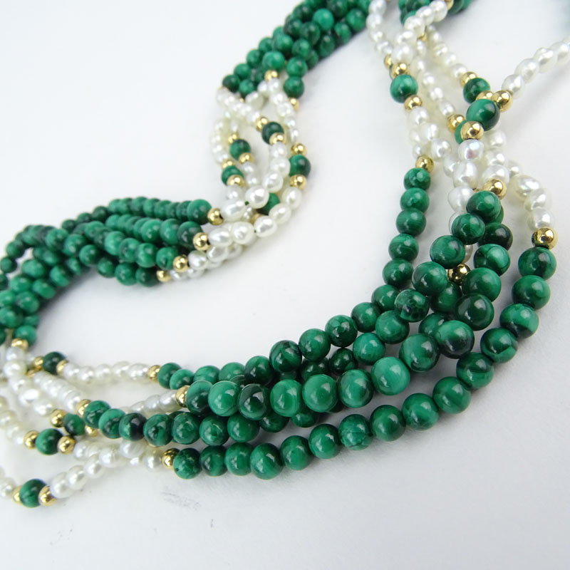 14 Karat Yellow Gold, Malachite, Seed pearl Necklace. 