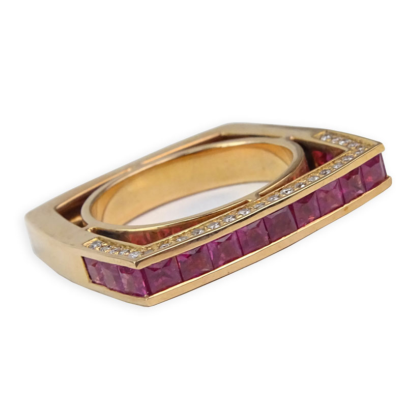 Contemporary Design Square Cut Ruby, Diamond and 18 Karat Pink Gold Square Ring. Rubies with vivid color. 