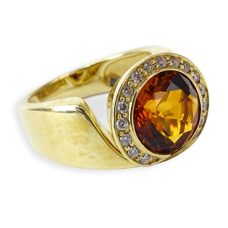 Vintage Round Brilliant Cut Citrine, Diamond and 14 Karat Yellow Gold Ring. 