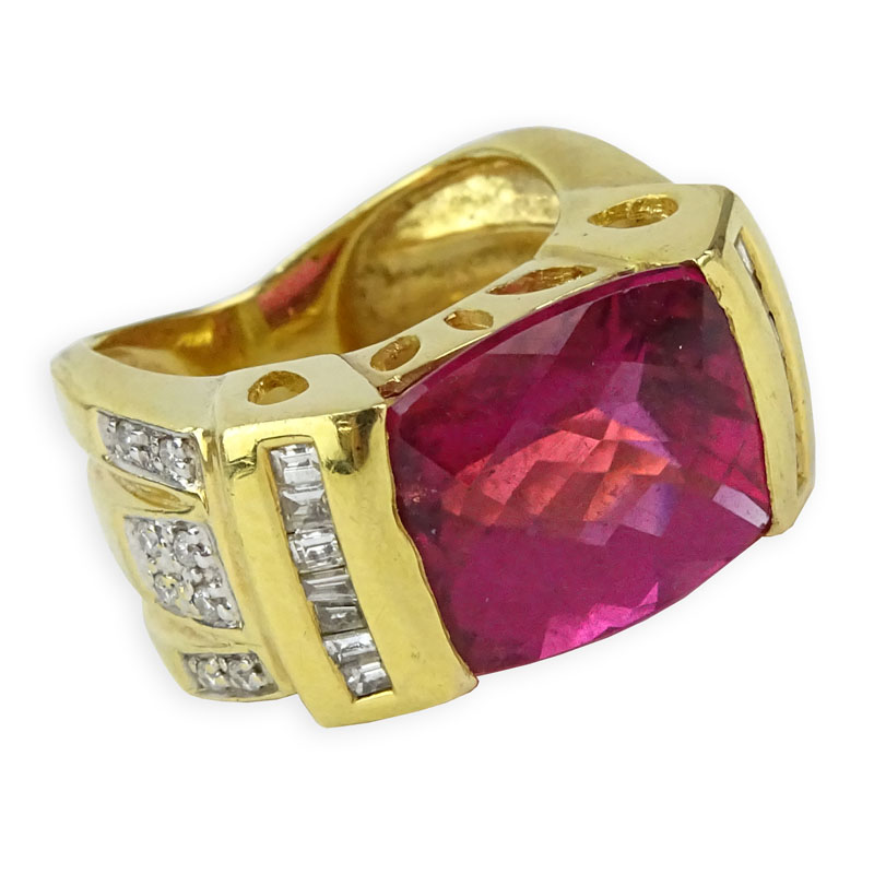 Gem Quality Criss Cross Rectangular Cut Rubelite Tourmaline, Diamond and 18 Karat Yellow Gold Ring.