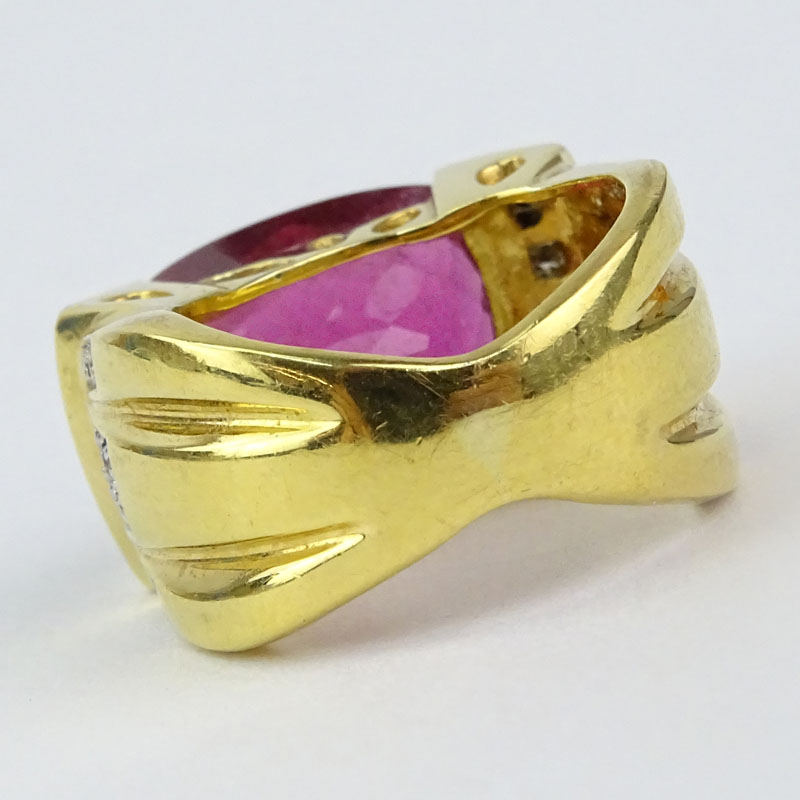 Gem Quality Criss Cross Rectangular Cut Rubelite Tourmaline, Diamond and 18 Karat Yellow Gold Ring.