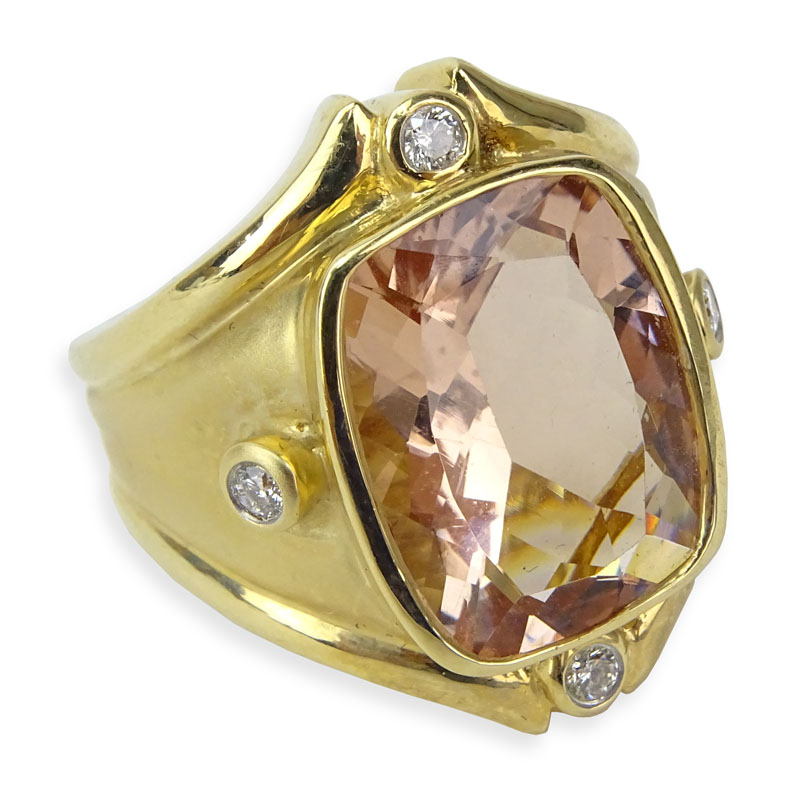 Large Cushion Cut Morganite, Round Brilliant Cut Diamond and 14 Karat Yellow Gold Ring. 