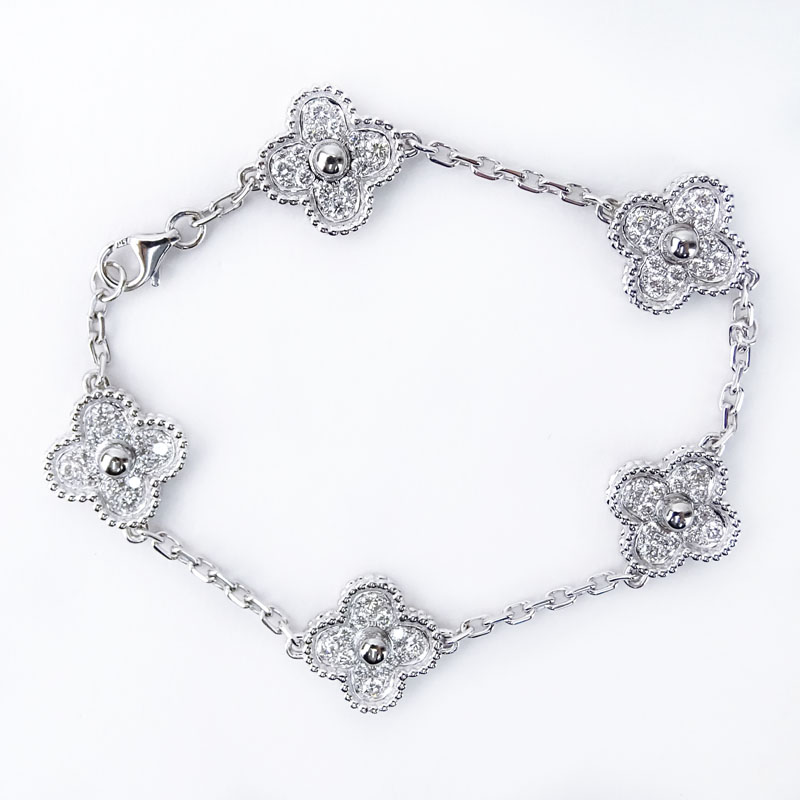 Van Cleef & Arpels Style Diamond and 18 Karat White Gold "Alhambra" Bracelet. Stamped 750 to clasp. 