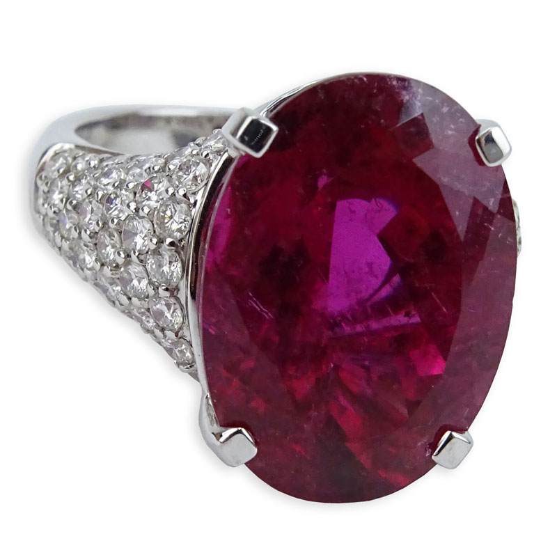 Large Oval Cushion Cut Rubelite Tourmaline, Pave Set Diamond and 14 Karat White Gold Ring.