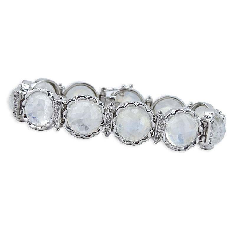 Vintage Criss Cross Round Cut Eleven (11) Labradorite / Rainbow Moonstone, Diamond and 14 Karat White Gold Bracelet. 