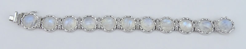 Vintage Criss Cross Round Cut Eleven (11) Labradorite / Rainbow Moonstone, Diamond and 14 Karat White Gold Bracelet. 