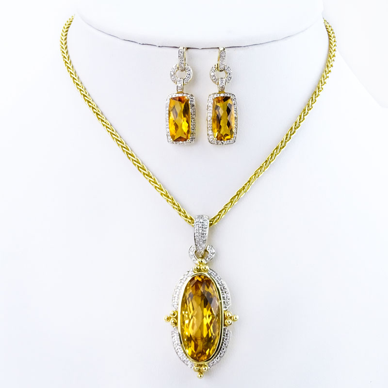 Criss Cross Citrine, Pave Set Diamond and 14 Karat Yellow Gold Pendant Necklace and Earring Suite. 