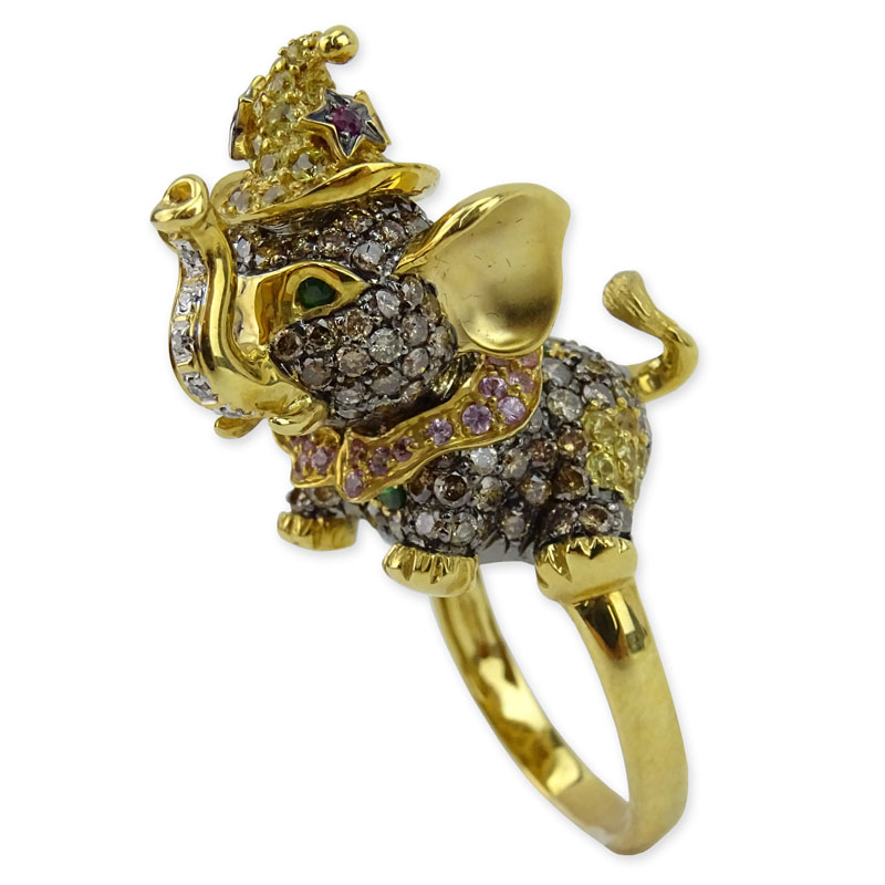 Multi Color Fancy Diamond, Gemstone and 18 Karat Yellow Gold Elephant Ring. 