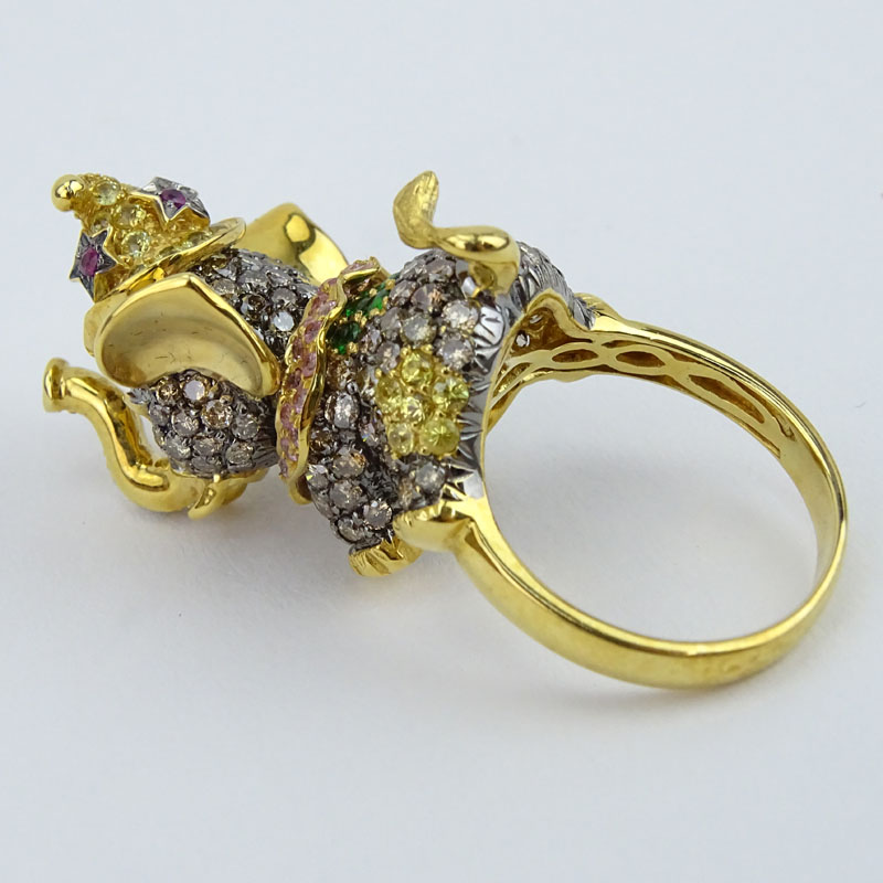 Multi Color Fancy Diamond, Gemstone and 18 Karat Yellow Gold Elephant Ring. 